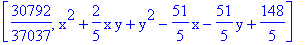 [30792/37037, x^2+2/5*x*y+y^2-51/5*x-51/5*y+148/5]